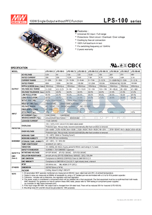 LPS-100_1108 datasheet - 100W Single Output without PFC Function