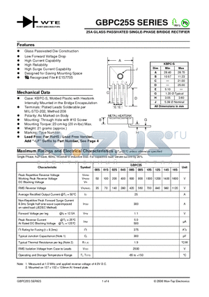 GBPC2506S datasheet - 25A GLASS PASSIVATED SINGLE-PHASE BRIDGE RECTIFIER