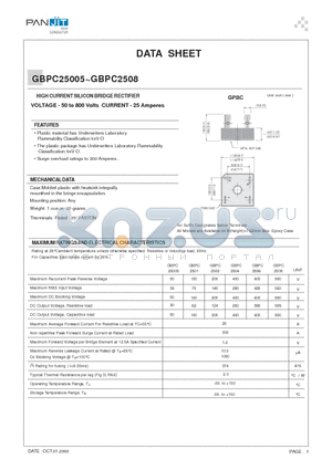 GBPC2508 datasheet - HIGH CURRENT SILICON BRIDGE RECTIFIER(VOLTAGE - 50 to 800 Volts CURRENT - 25 Amperes)