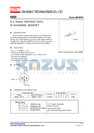 6N60 datasheet - 6.2 Amps, 600/650 Volts N-CHANNEL MOSFET
