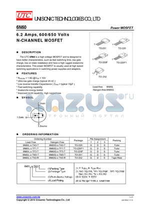 6N60G-X-TF3-T datasheet - 6.2 Amps, 600/650 Volts N-CHANNEL MOSFET