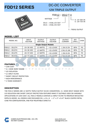 FDD12-0515T4 datasheet - DC-DC CONVERTER 12W TRIPLE OUTPUT