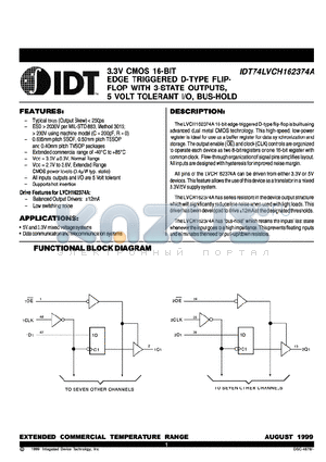 IDT53LVC162374APA datasheet - 3.3V CMOS 16-BIT EDGE TRIGGERED D-TYPE FLIP-FLOP WITH 3-STATE OUTPUTS, 5 VOLT TOLERANT I/O, BUS-HOLD