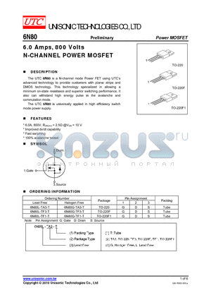 6N80G-TF1-T datasheet - 6.0 Amps, 800 Volts N-CHANNEL POWER MOSFET