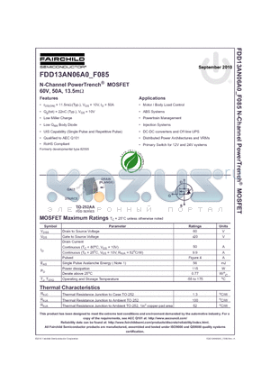FDD13AN06A0_10 datasheet - N-Channel PowerTrench^ MOSFET 60V, 50A, 13.5mY