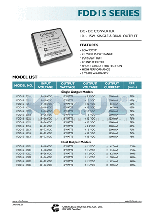 FDD15-03S3 datasheet - DC - DC CONVERTER 10 ~ 15W SINGLE & DUAL OUTPUT