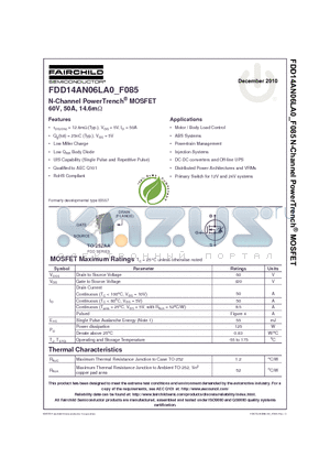 FDD14AN06L_F085_10 datasheet - N-Channel PowerTrench^ MOSFET 60V, 50A, 14.6mY