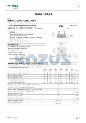 GBPC35005 datasheet - HIGH CURRENT SILICON BRIDGE RECTIFIER(VOLTAGE - 50 to 800 Volts CURRENT - 35 Amperes)
