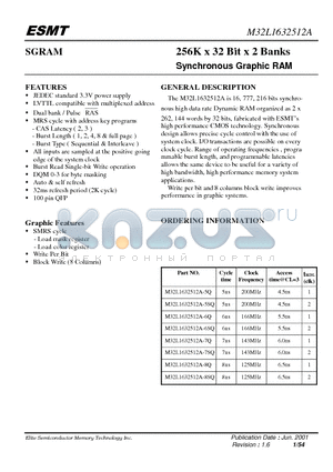 M32L1632512A-6Q datasheet - 256K x 32 Bit x 2 Banks Synchronous Graphic RAM