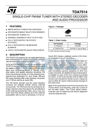 E-TDA7514 datasheet - SINGLE-CHIP FM/AM TUNER WITH STEREO DECODER AND AUDIO PROCESSOR