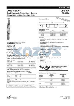 LPS-RK-70SP datasheet - Dual-Element, Time-Delay Fuses