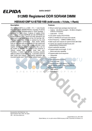 HB54A5129F1U-10B datasheet - 512MB Registered DDR SDRAM DIMM