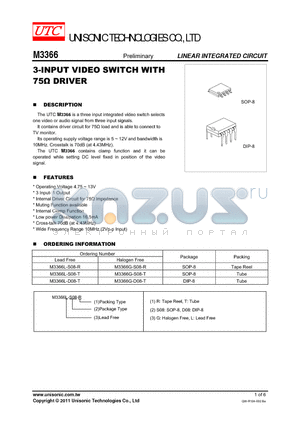 M3366G-S08-R datasheet - 3-INPUT VIDEO SWITCH WITH 75Y DRIVER