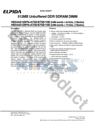 HB54A5129FN-B75B datasheet - 512MB Unbuffered DDR SDRAM DIMM