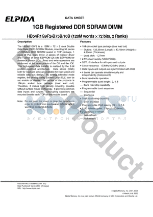 HB54R1G9F2-10B datasheet - 1GB Registered DDR SDRAM DIMM