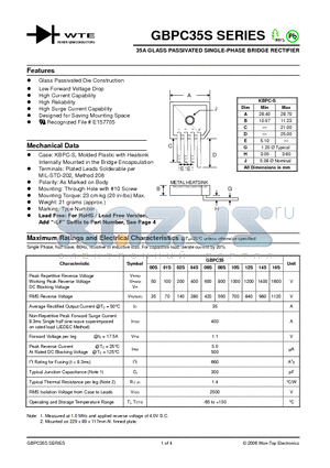 GBPC3501S datasheet - 35A GLASS PASSIVATED SINGLE-PHASE BRIDGE RECTIFIER