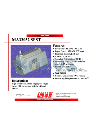 MA32032 datasheet - High isolation X-Band single pole single throw RF waveguide switch, without driver