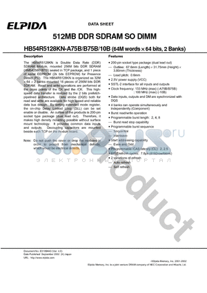 HB54R5128KN-10B datasheet - 512MB DDR SDRAM SO DIMM