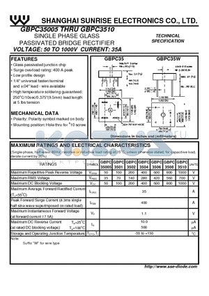 GBPC3502 datasheet - SINGLE PHASE GLASS PASSIVATED BRIDGE RECTIFIER