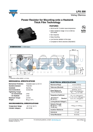 LPS0300HR240KB datasheet - Power Resistor for Mounting onto a Heatsink Thick Film Technology