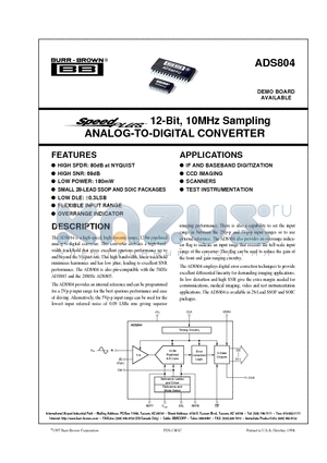 ADS804U datasheet - 12-Bit, 10MHz Sampling ANALOG-TO-DIGITAL CONVERTER