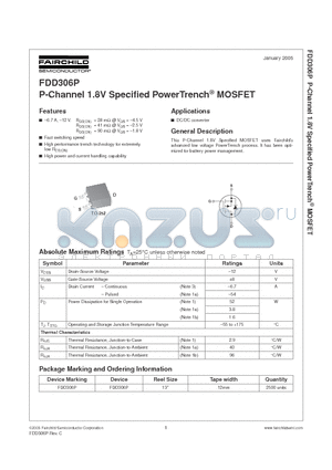 FDD306P datasheet - P-Channel 1.8V Specified PowerTrench MOSFET
