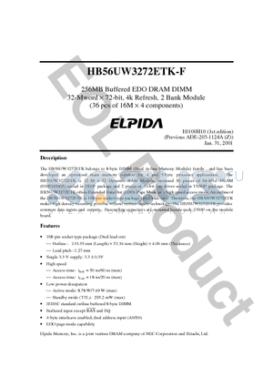 HB56UW3272ETK-5F datasheet - 256MB Buffered EDO DRAM DIMM 32-Mword  72-bit, 4k Refresh, 2 Bank Module (36 pcs of 16M  4 components)