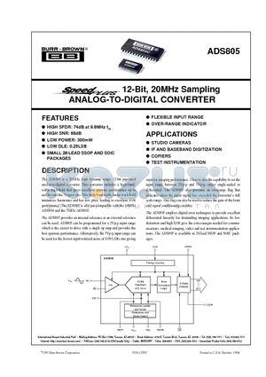 ADS805U datasheet - 12-Bit, 20MHz Sampling ANALOG-TO-DIGITAL CONVERTER