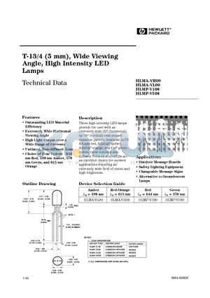 HLMP-V100 datasheet - T-13/4 (5 mm), Wide Viewing Angle, High Intensity LED Lamps