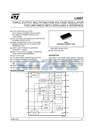 L5951 datasheet - TRIPLE OUTPUT MULTIFUNCTION VOLTAGE REGULATOR FOR CAR RADIO WITH IDR/CLASS 2 INTERFACE