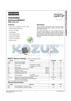 FDD3N50NZTM datasheet - N-Channel MOSFET 500V, 2.5A, 2.5