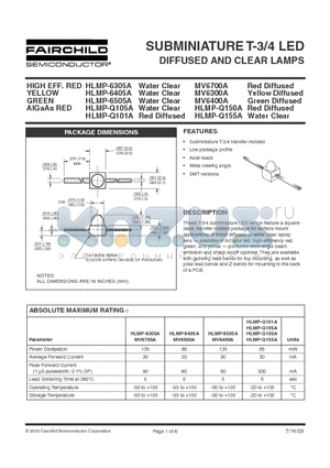 HLMP6505AZR datasheet - SUBMINIATURE T-3/4 LED DIFFUSED and CLEAR LAMPS
