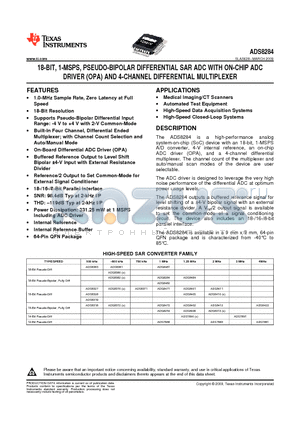 ADS8284IBRGCT datasheet - 18-BIT, 1-MSPS, PSEUDO-BIPOLAR DIFFERENTIAL SAR ADC WITH ON-CHIP ADC DRIVER (OPA) AND 4-CHANNEL DIFFERENTIAL MULTIPLEXER