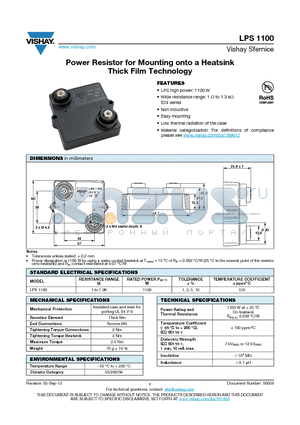 LPS1100H1001GNZAX datasheet - Power Resistor for Mounting onto a Heatsink