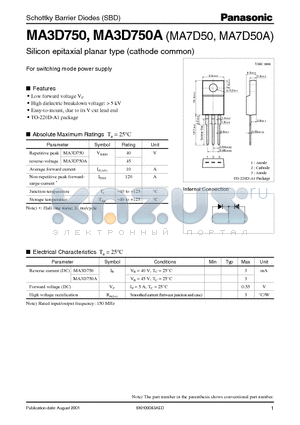 MA3D750 datasheet - Silicon epitaxial planar type (cathode common)
