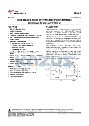 ADS8318IBDGSR datasheet - 16-BIT, 500-KSPS, SERIAL INTERFACE MICROPOWER, MINIATURE, SAR ANALOG-TO-DIGITAL CONVERTER