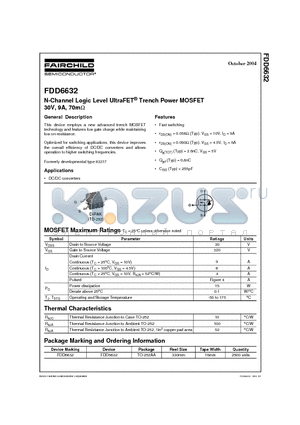 FDD6632 datasheet - N-Channel Logic Level UltraFET^ Trench Power MOSFET 30V, 9A, 70m