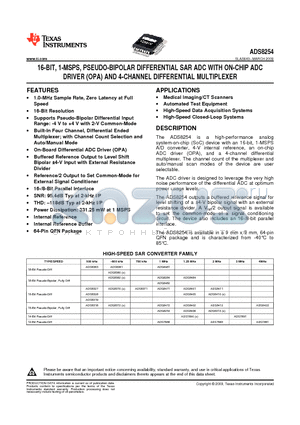 ADS8254IRGCT datasheet - 16-BIT, 1-MSPS, PSEUDO-BIPOLAR DIFFERENTIAL SAR ADC WITH ON-CHIP ADC DRIVER (OPA) AND 4-CHANNEL DIFFERENTIAL MULTIPLEXER