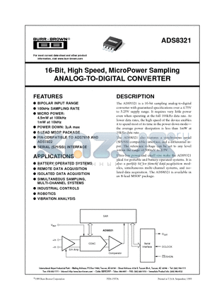 ADS8321 datasheet - 16-Bit, High Speed, MicroPower Sampling ANALOG-TO-DIGITAL CONVERTER