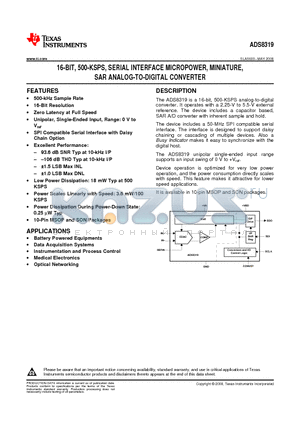 ADS8319IDGST datasheet - 16-BIT, 500-KSPS, SERIAL INTERFACE MICROPOWER, MINIATURE, SAR ANALOG-TO-DIGITAL CONVERTER