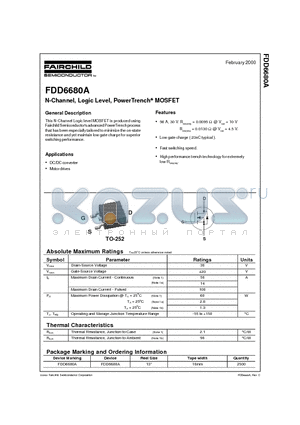 FDD6680A datasheet - N-Channel, Logic Level, PowerTrench MOSFET