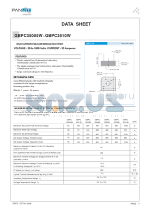 GBPC3510W datasheet - HIGH CURRENT SILICON BRIDGE RECTIFIER(VOLTAGE - 50 to 1000 Volts CURRENT - 35 Amperes)