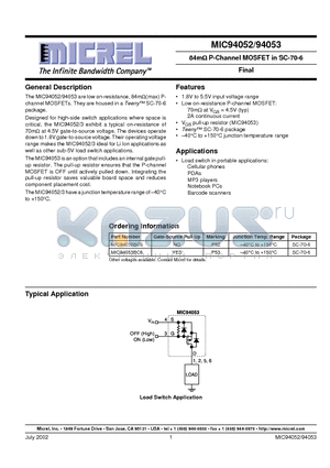 MIC94053BC6 datasheet - 84m P-Channel MOSFET in SC-70-6 Final