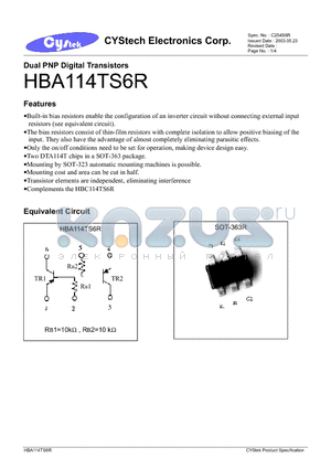 HBA114TS6R datasheet - Dual PNP Digital Transistors