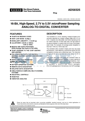 ADS8325 datasheet - 16-Bit, High-Speed, 2.7V to 5.5V microPower Sampling ANALOG-TO-DIGITAL CONVERTER