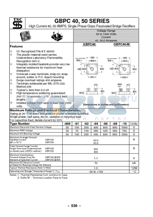 GBPC40-005 datasheet - High Current 40, 50 AMPS. Single Phase Glass Passivated Bridge Rectifiers