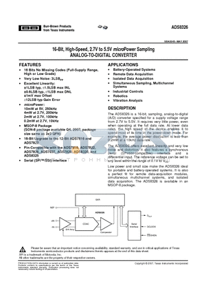 ADS8326IBDGKT datasheet - 16-Bit, High-Speed, 2.7V to 5.5V microPower Sampling