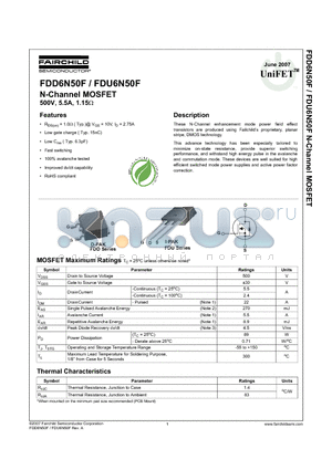 FDD6N50FTM datasheet - N-Channel MOSFET 500V, 5.5A, 1.15Y