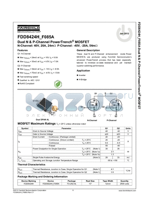 FDD8424H_F085A_13 datasheet - Dual N & P-Channel PowerTrench^ MOSFET N-Channel: 40V, 20A, 24mY P-Channel: -40V, -20A, 54mY