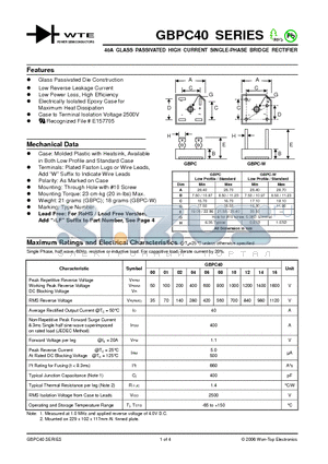 GBPC4002 datasheet - 40A GLASS PASSIVATED HIGH CURRENT SINGLE-PHASE BRIDGE RECTIFIER